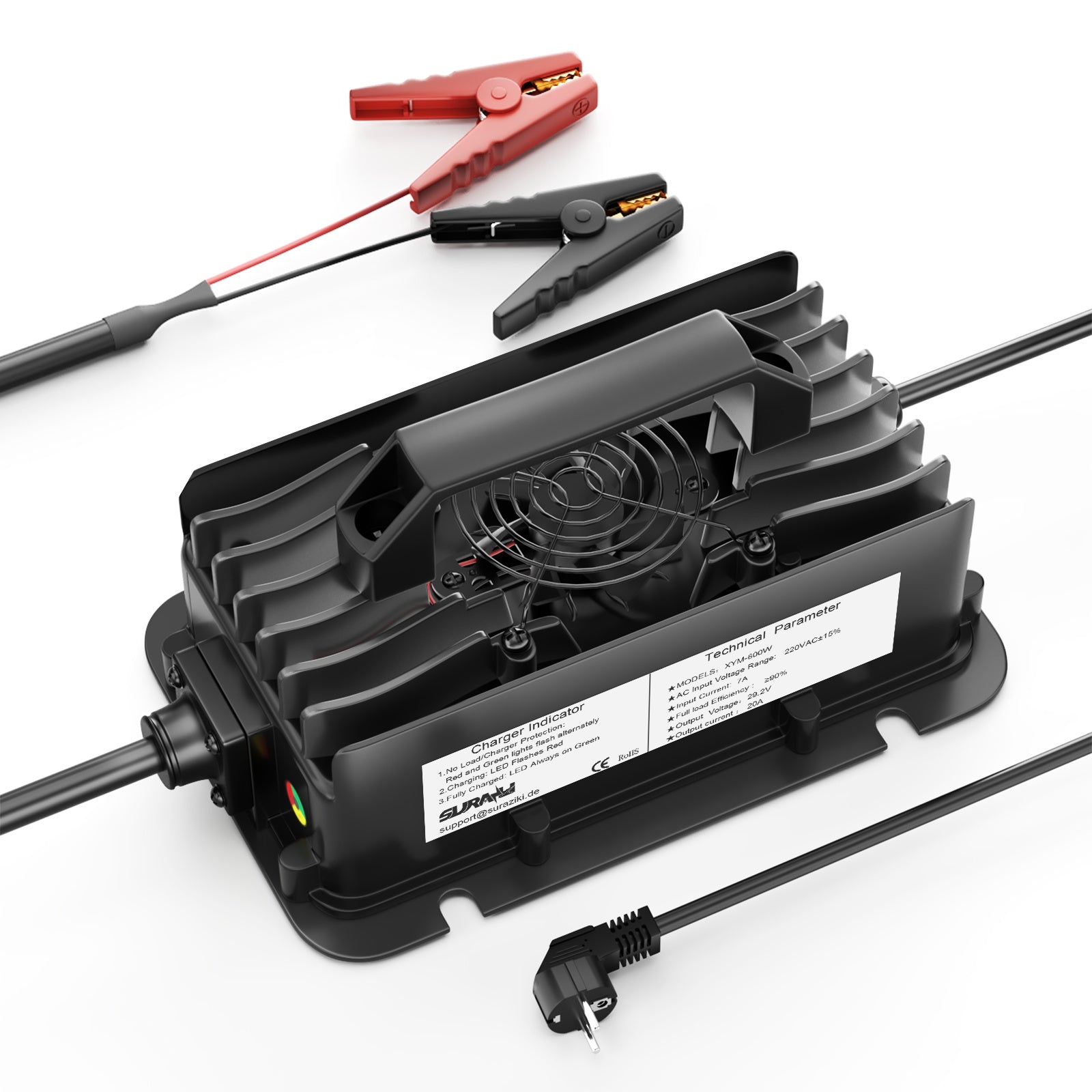 Suraziki 24V LiFePO4 batterilader, 29.2V 20A vanntett litiumlader med 0V BMS-aktivering