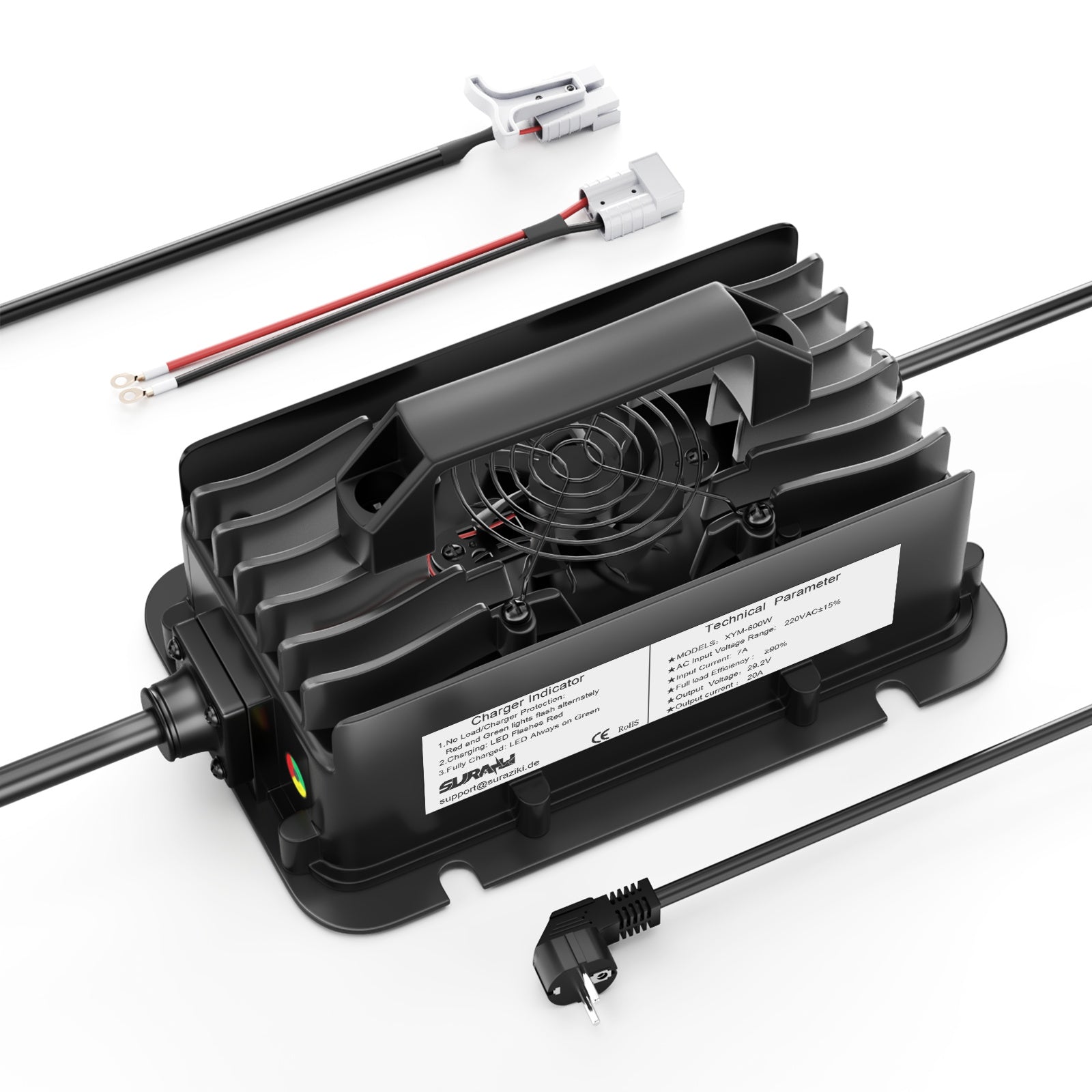 Suraziki 24V LiFePO4 batterilader, 29.2V 20A vanntett litiumlader med 0V BMS-aktivering