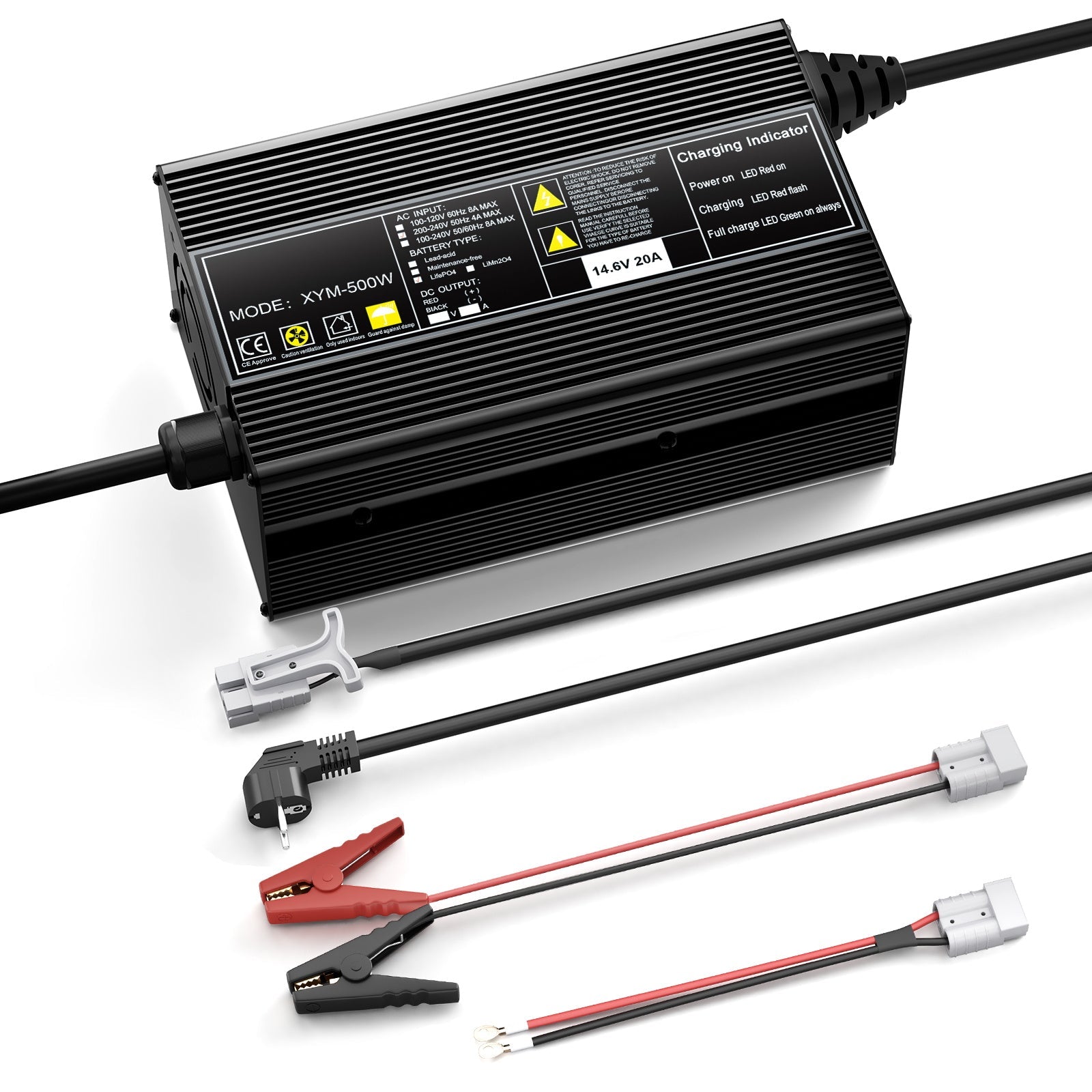 12V 20A LiFePO4 batterilader, ladespenning 14,6V, 0V BMS-aktivering, med Anderson 50A hurtigladekontakt