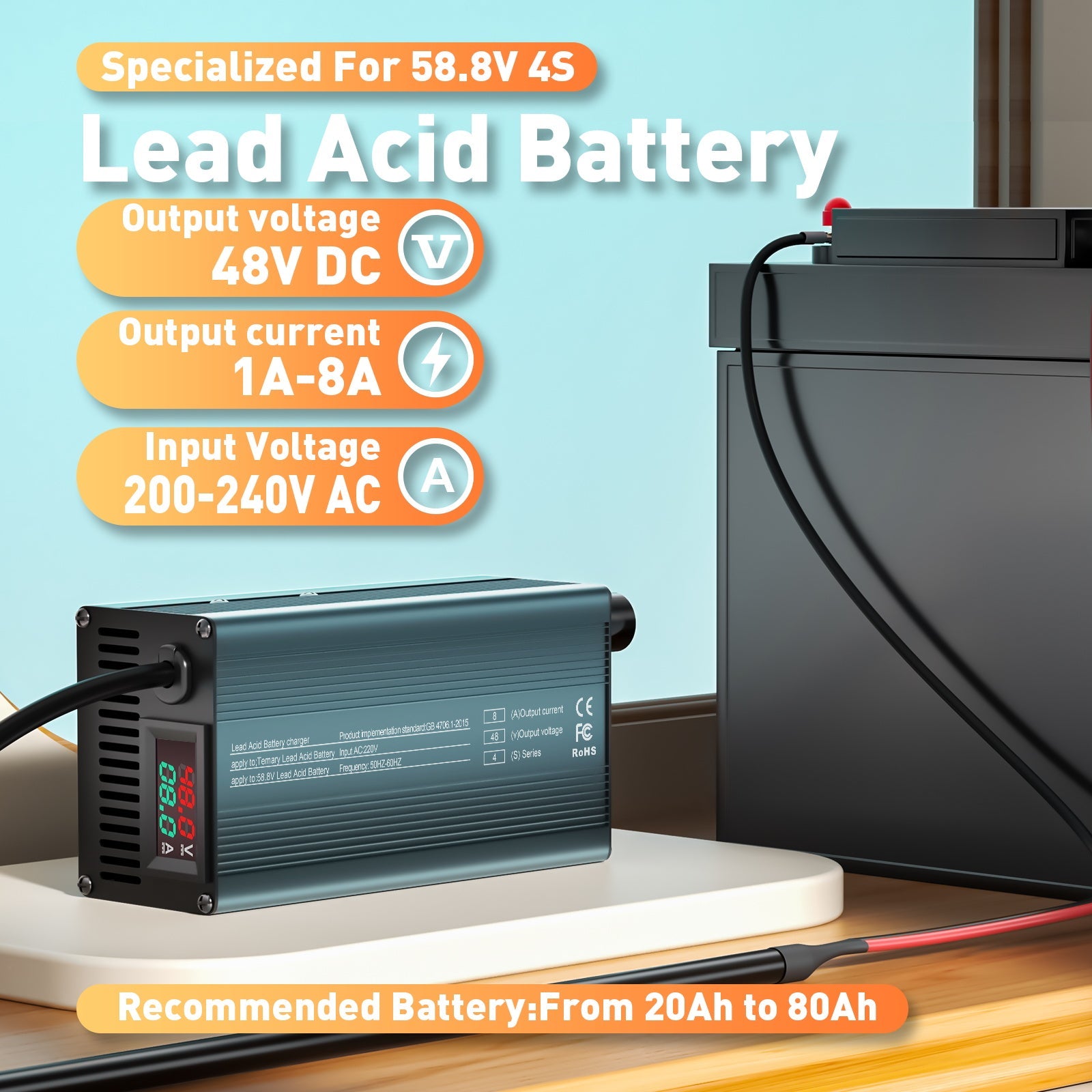 Suraziki 48V 1-8A current adjustable Battery Charger Works with All Lead-Acid Batteries (Flooded, Sealed, AGM, Gel)， LCD Display, Cooling Fans, Aluminum alloy housing