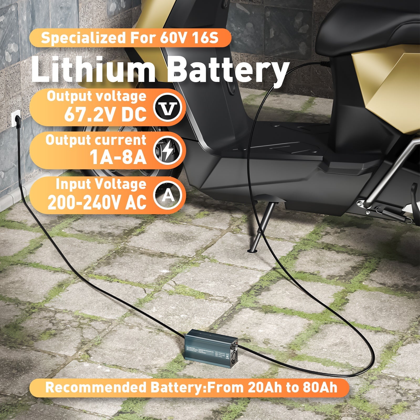 Suraziki 67,2V 1-8A justerbar litiumbatterilader for 16S 59,2V 60V Li-ion / ternært litium / polymerbatteri, elsykkel scooter elektrisk motorsykkel batterilader