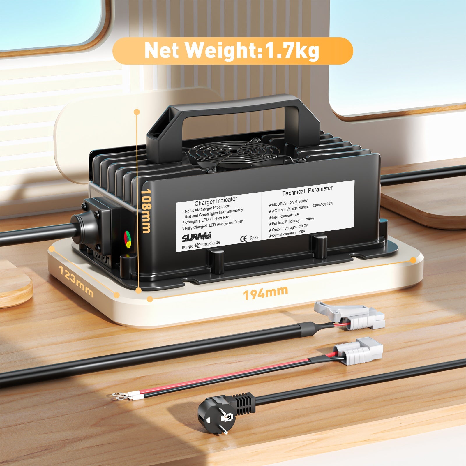 Suraziki 24V LiFePO4 batterilader, 29.2V 20A vanntett litiumlader med 0V BMS-aktivering