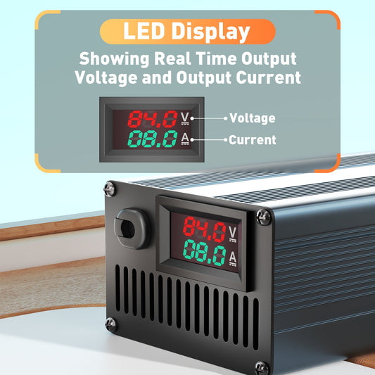 Suraziki 84V 1-8A justerbar litiumbatterilader for 20S 74V 72V Li-ion / ternært litium / polymerbatteri, elsykkel scooter elektrisk motorsykkel batterilader