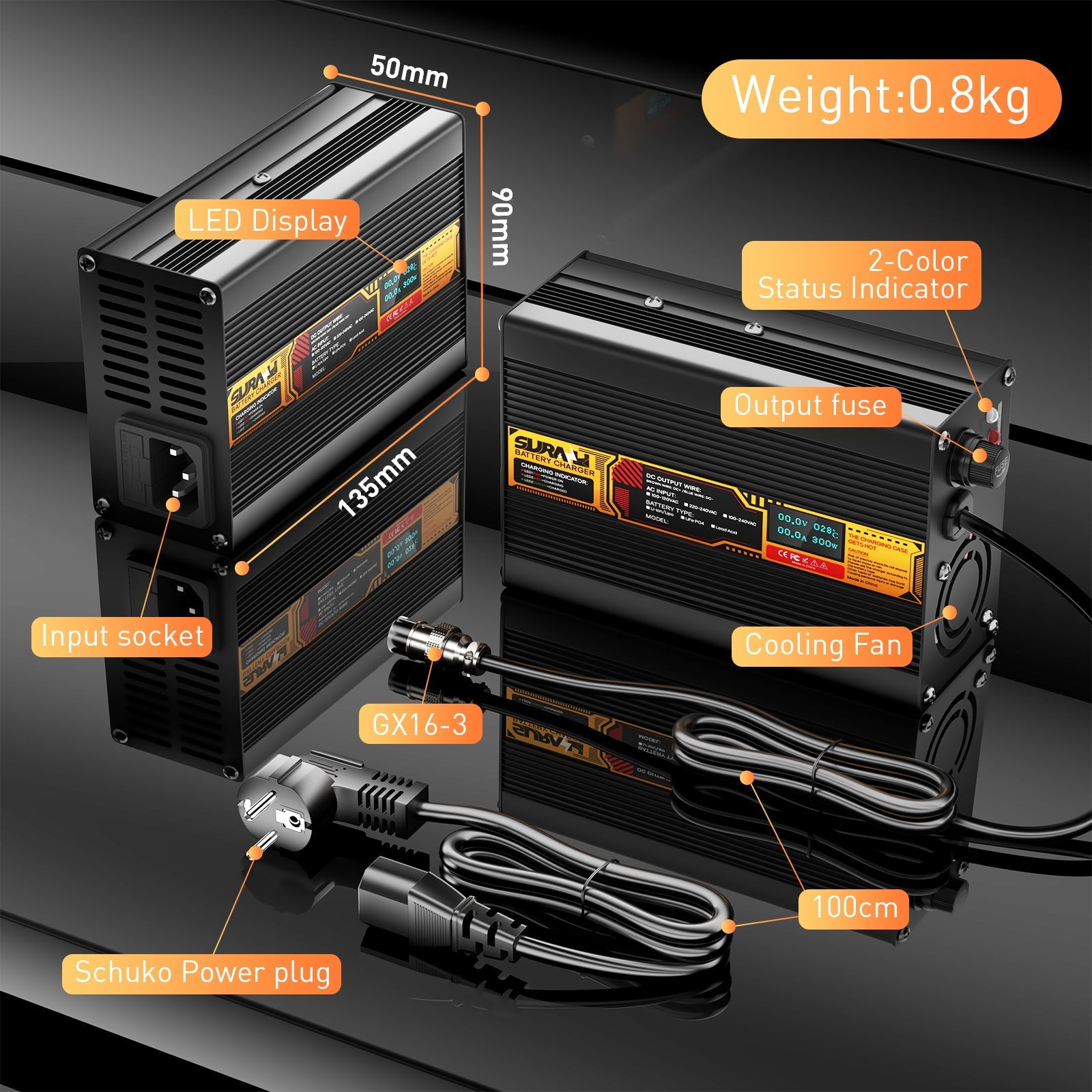 Suraziki Lithium 75.6V 4A Battery Charger for 66.6V Lithium-ion polymer batteries, LED Display, Full Protection，Aluminum alloy shell