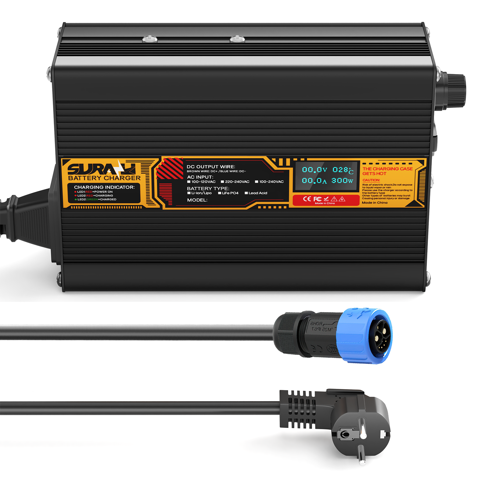 Suraziki Lithium 75.6V 3A Battery Charger for 66.6V Lithium-ion polymer batteries, LED Display, Full Protection，Aluminum alloy shell
