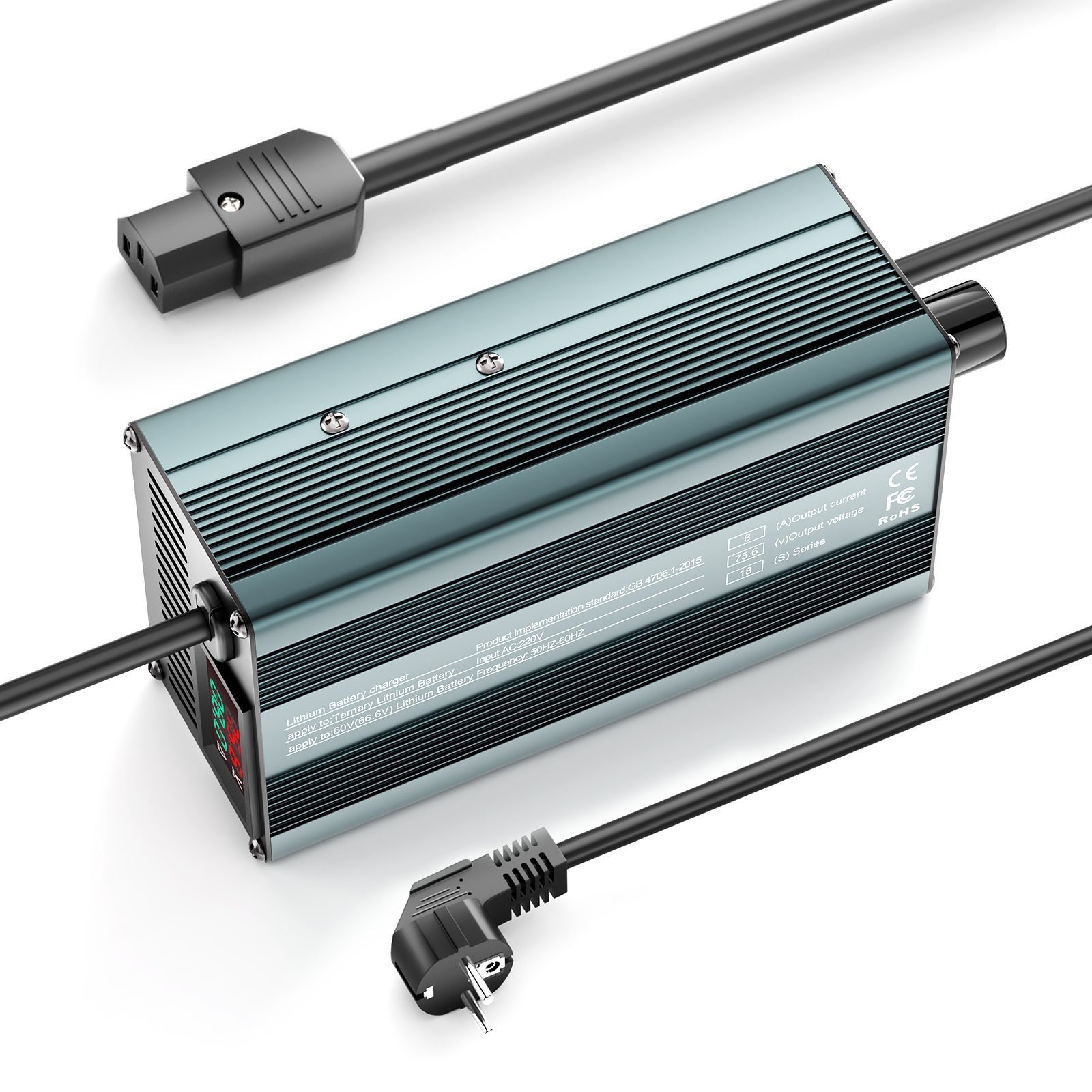 Suraziki 75,6V 1-8A justerbar litiumbatterilader for 18S 66,6V Li-ion / ternært litium / polymerbatteri, elsykkel scooter elektrisk motorsykkel batterilader