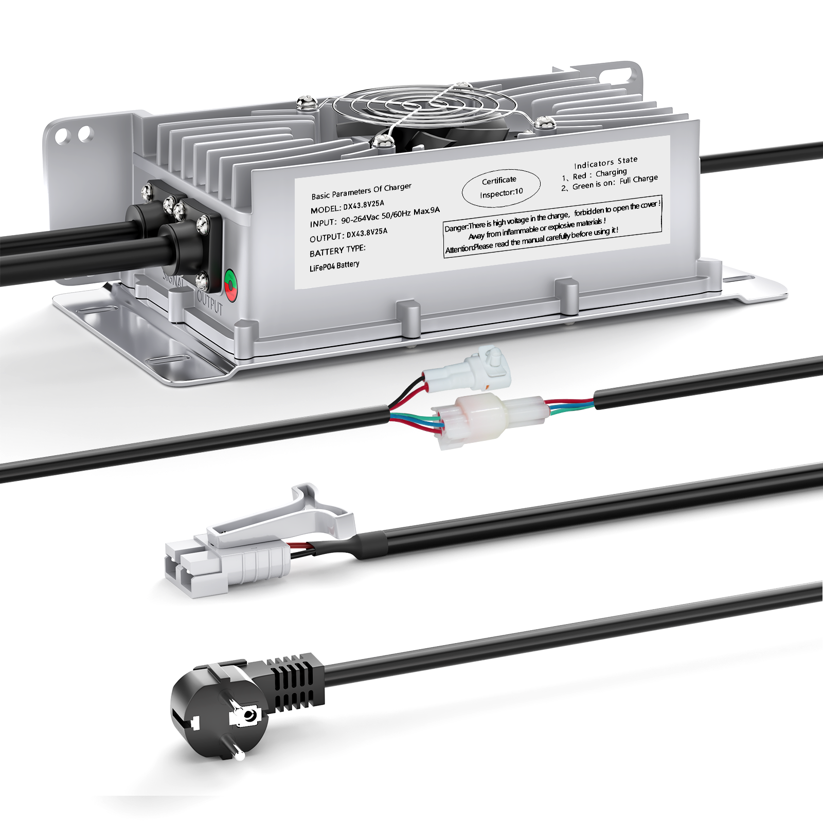 Suraziki 36V 25A litium Lifepo4 batterilader, 43,8V ladespenning for 36V (38,4V) 12S Batteri, vanntett, 0V BMS-aktivering, med låsekabel for elbiler, elsykler og golfbiler