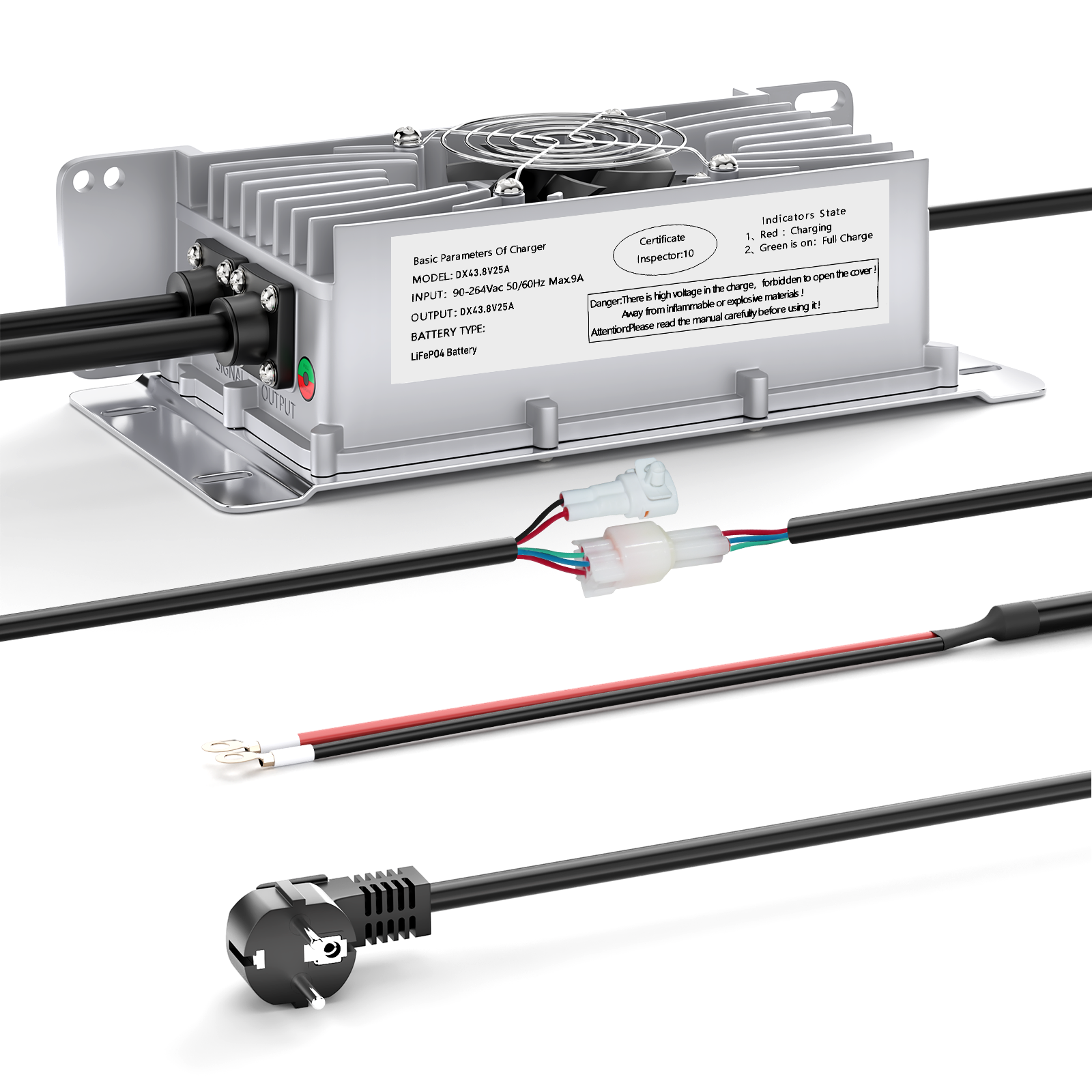 Suraziki 36V 25A litium Lifepo4 batterilader, 43,8V ladespenning for 36V (38,4V) 12S Batteri, vanntett, 0V BMS-aktivering, med låsekabel for elbiler, elsykler og golfbiler