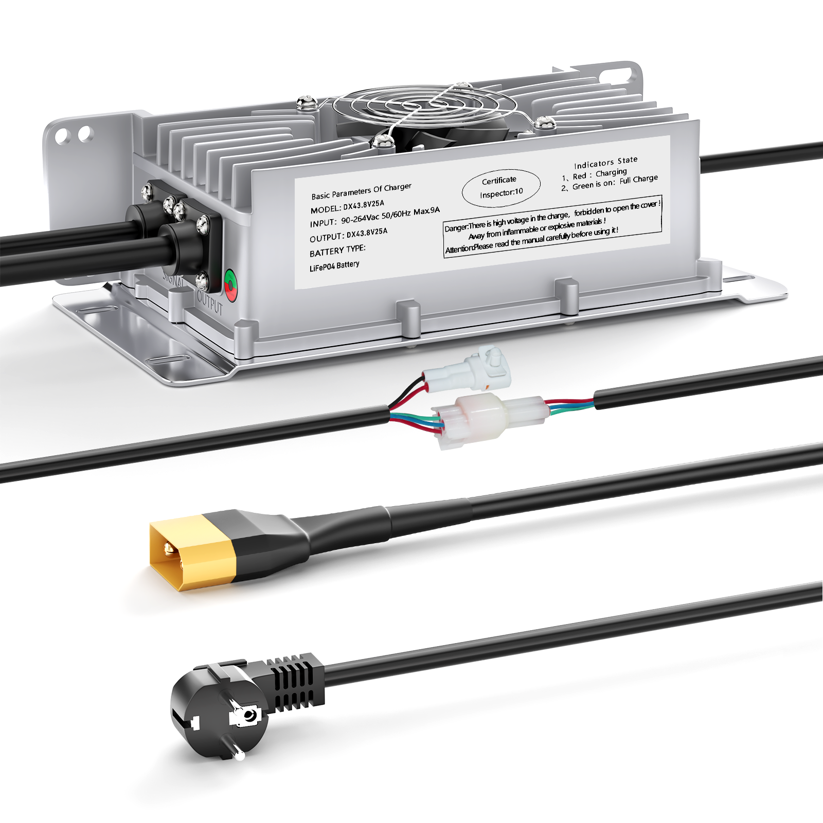Suraziki 36V 25A litium Lifepo4 batterilader, 43,8V ladespenning for 36V (38,4V) 12S Batteri, vanntett, 0V BMS-aktivering, med låsekabel for elbiler, elsykler og golfbiler