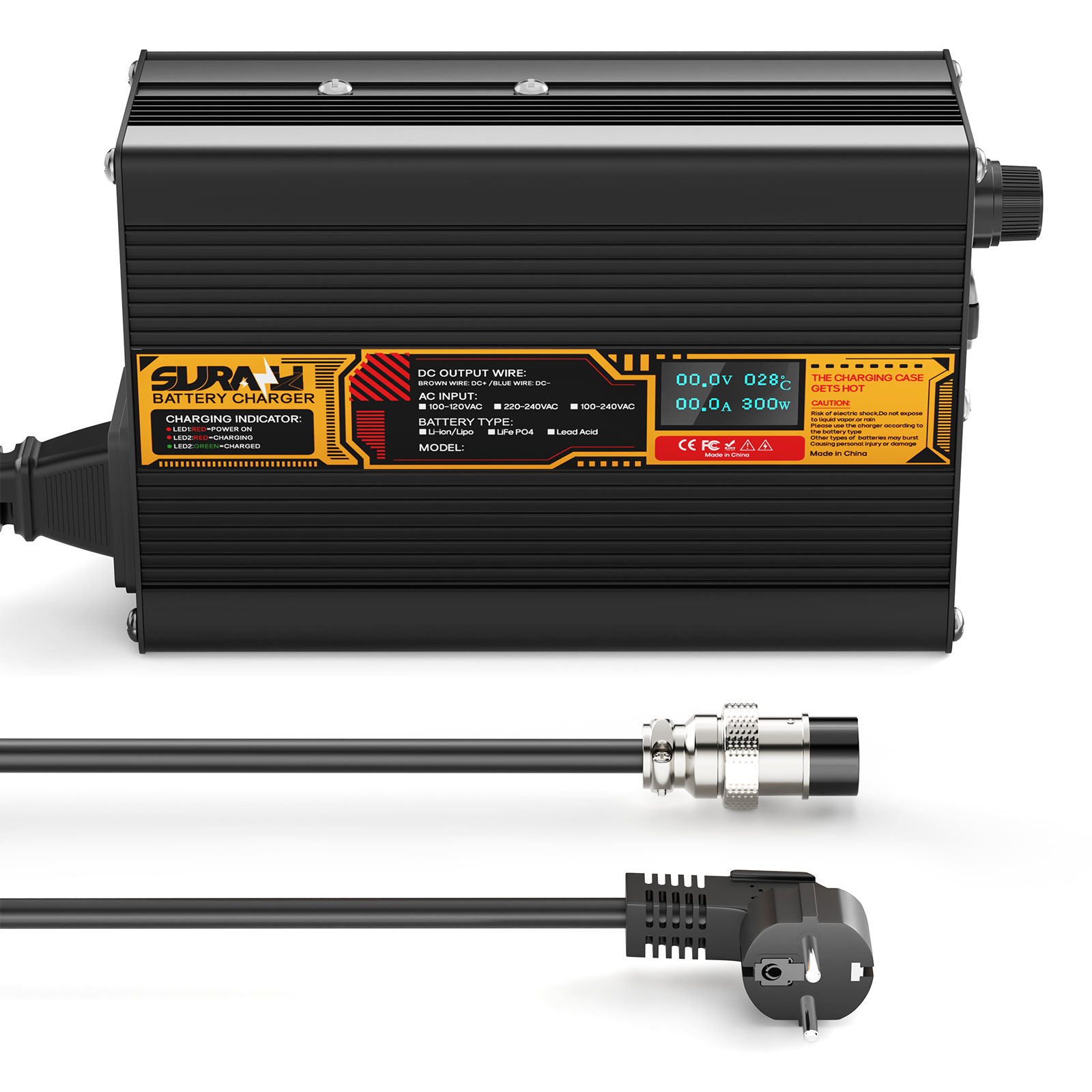 Suraziki LiFePO4 87.6V 2A Battery Charger for 72V/76.8V Lithium Iron Phosphate Batteries, LED Display, Full Protection