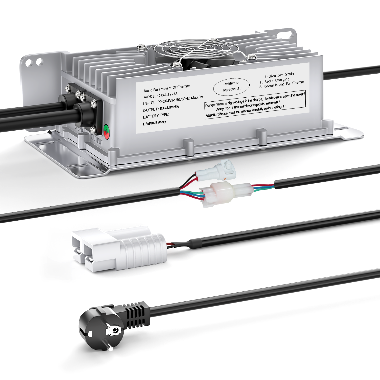 Suraziki 36V 25A litium Lifepo4 batterilader, 43,8V ladespenning for 36V (38,4V) 12S Batteri, vanntett, 0V BMS-aktivering, med låsekabel for elbiler, elsykler og golfbiler