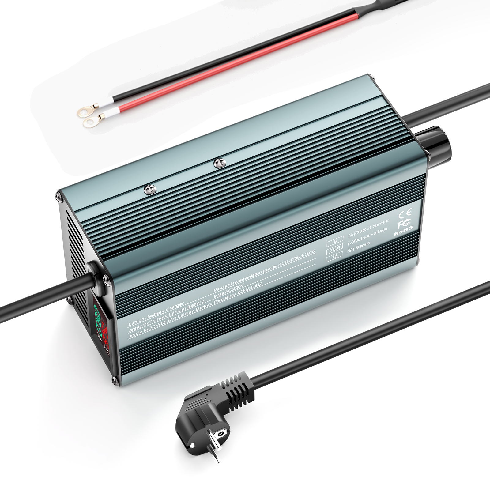 Suraziki 75,6V 1-8A justerbar litiumbatterilader for 18S 66,6V Li-ion / ternært litium / polymerbatteri, elsykkel scooter elektrisk motorsykkel batterilader
