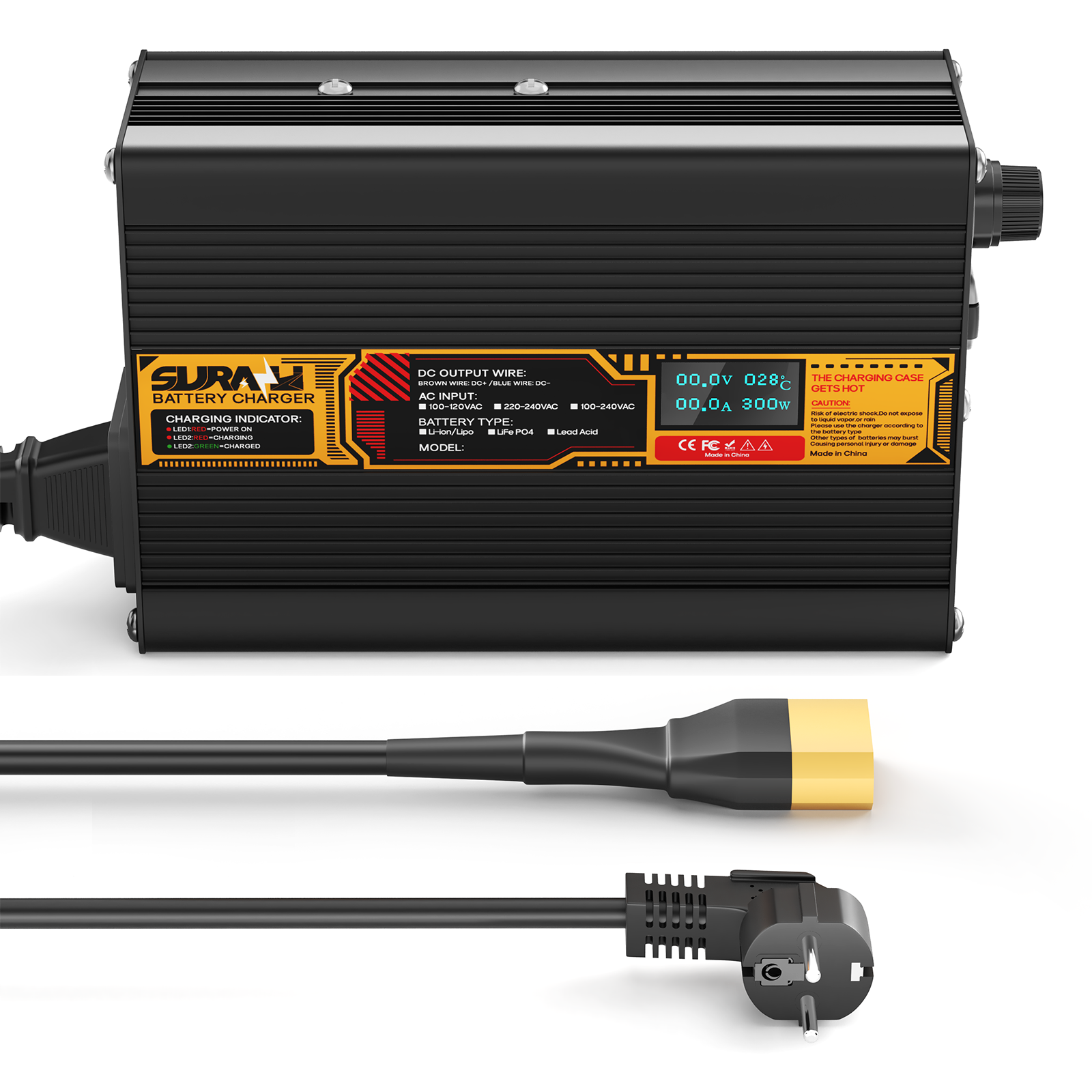Suraziki Lithium 75.6V 3A Battery Charger for 66.6V Lithium-ion polymer batteries, LED Display, Full Protection，Aluminum alloy shell