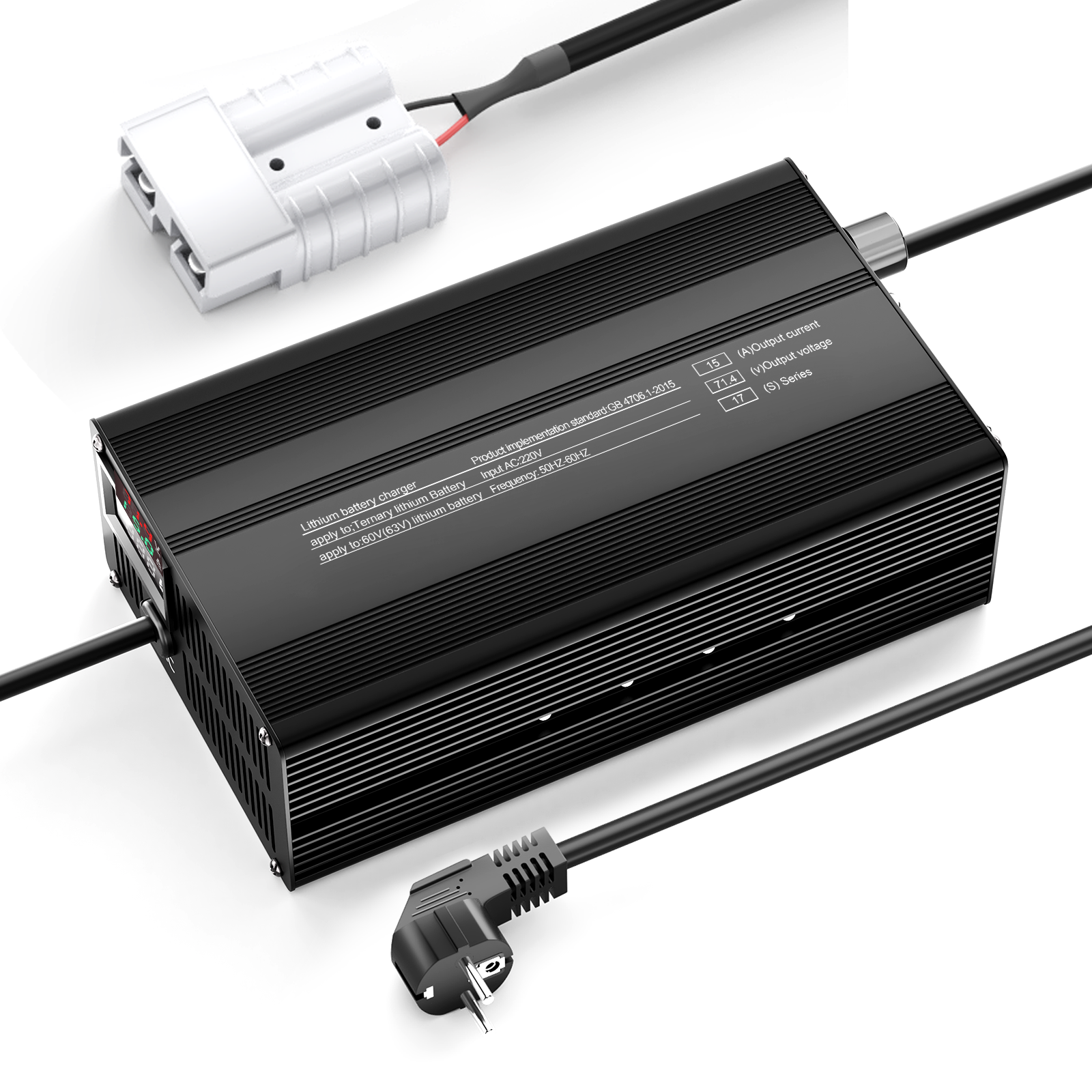 Suraziki 71,4V 1-15A justerbar litiumbatterilader for 17S 62,9V Li-ion/ternære litium-/polymerbatterier, batterilader for elsykkel og sparkesykkel