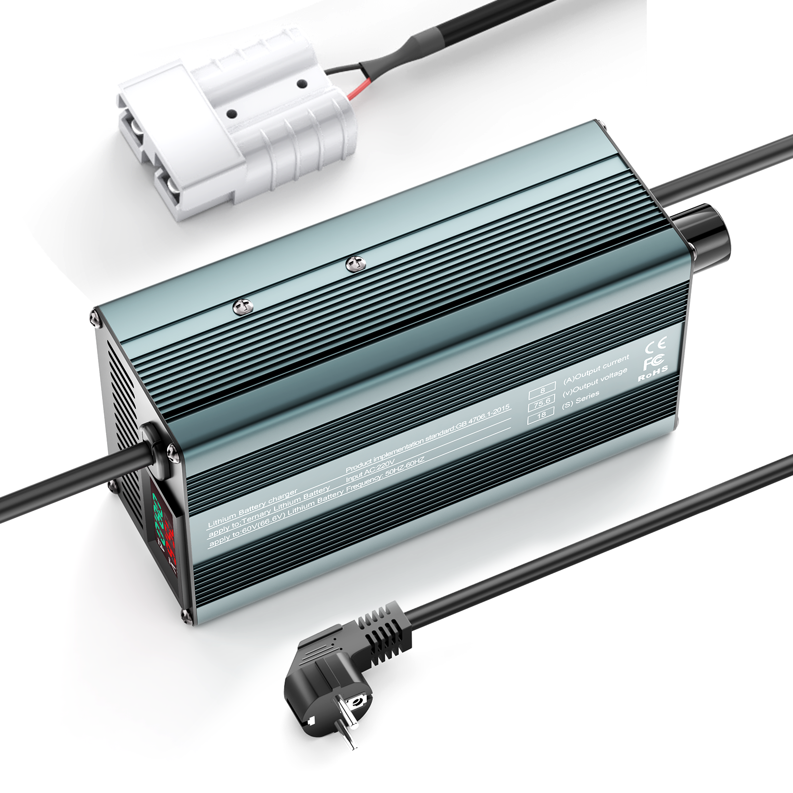 Suraziki 75,6V 1-8A justerbar litiumbatterilader for 18S 66,6V Li-ion / ternært litium / polymerbatteri, elsykkel scooter elektrisk motorsykkel batterilader