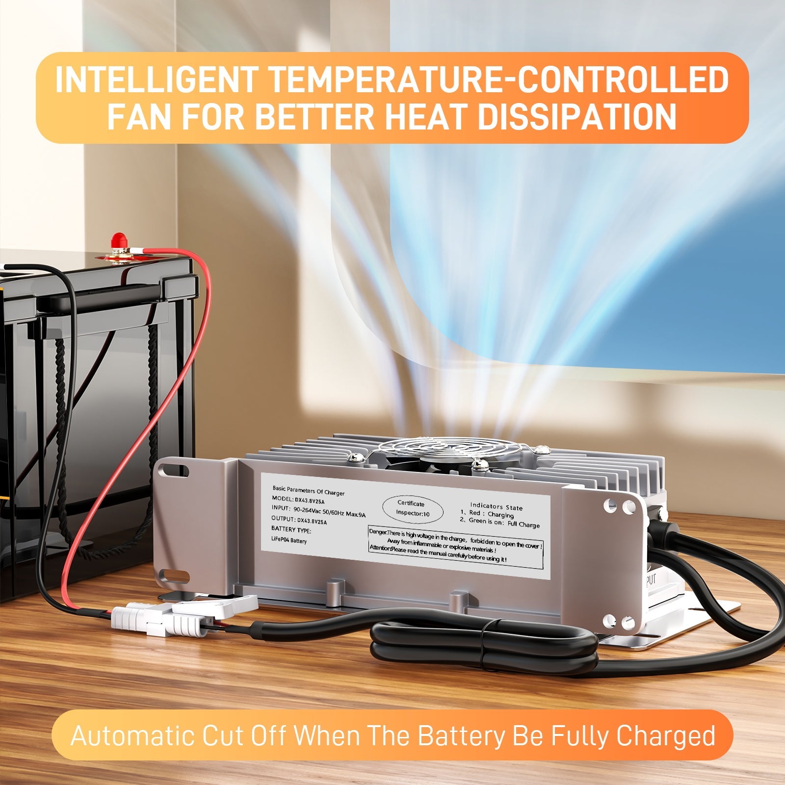 Suraziki 36V 25A litium Lifepo4 batterilader, 43,8V ladespenning for 36V (38,4V) 12S Batteri, vanntett, 0V BMS-aktivering, med låsekabel for elbiler, elsykler og golfbiler