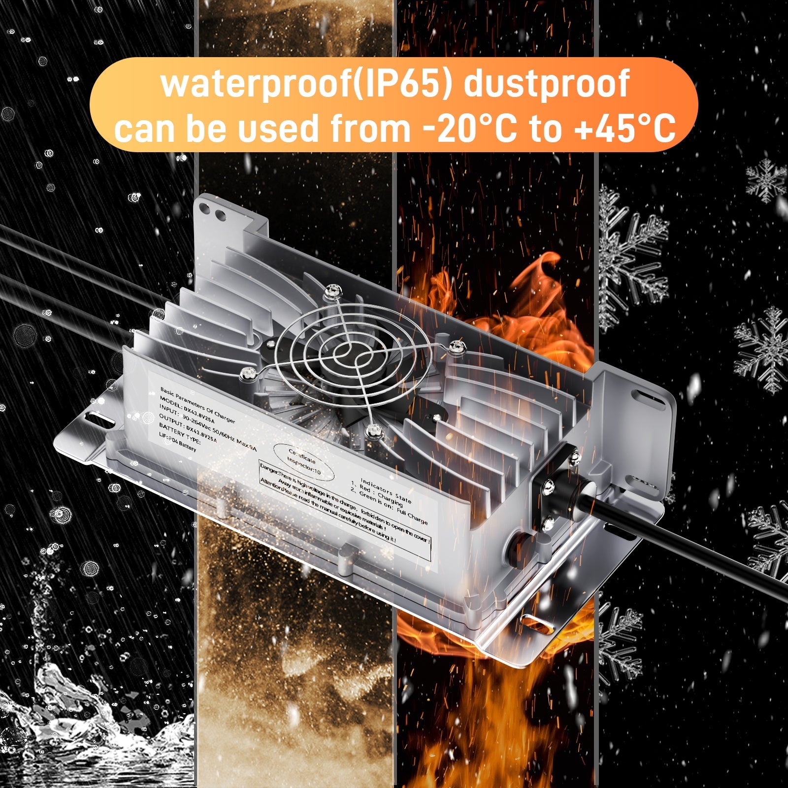 Suraziki 36V 25A litium Lifepo4 batterilader, 43,8V ladespenning for 36V (38,4V) 12S Batteri, vanntett, 0V BMS-aktivering, med låsekabel for elbiler, elsykler og golfbiler