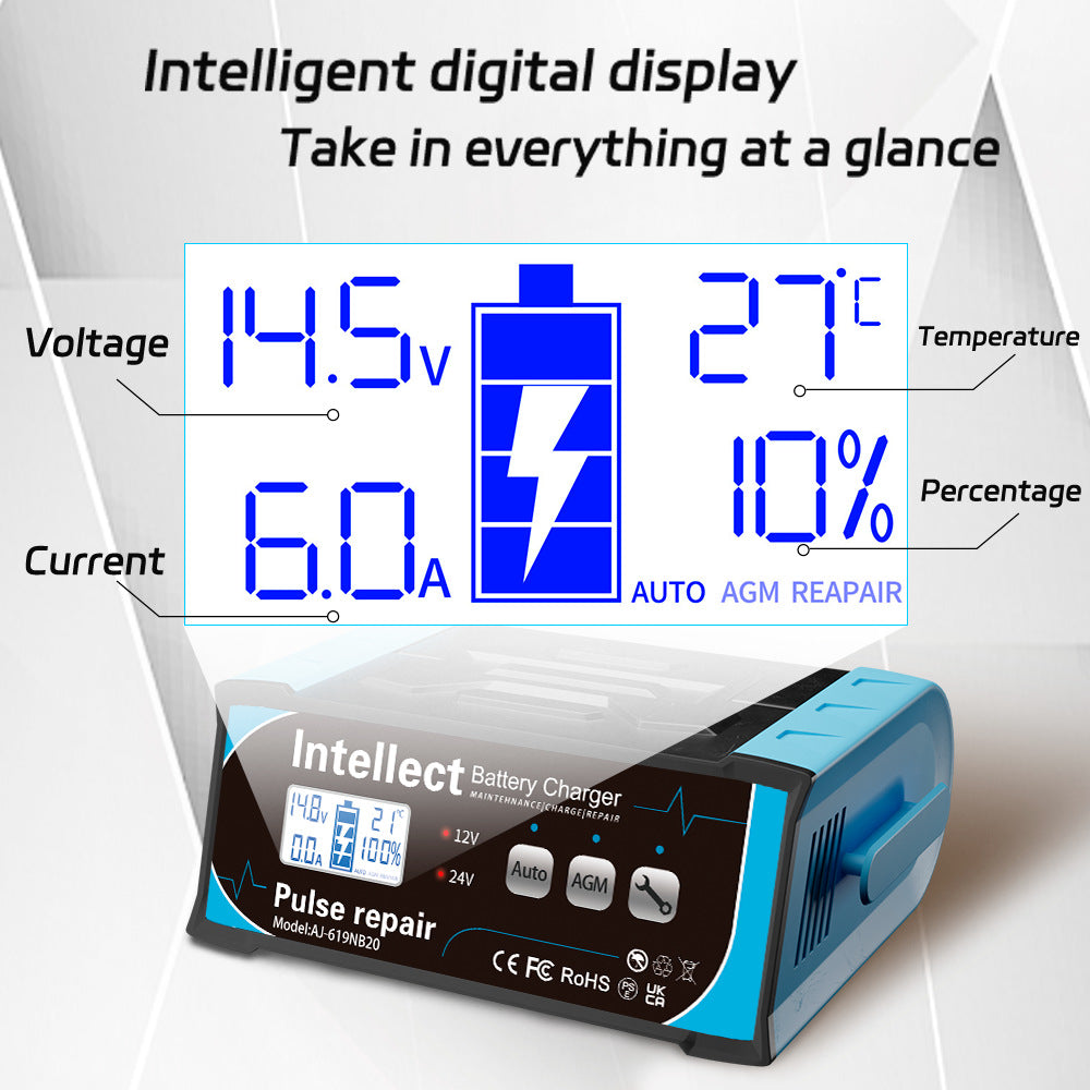 Smart 400W pulserende batterilader for 12V/24V kjøretøy - Overlading, kortslutning og overopphetingsbeskyttelse