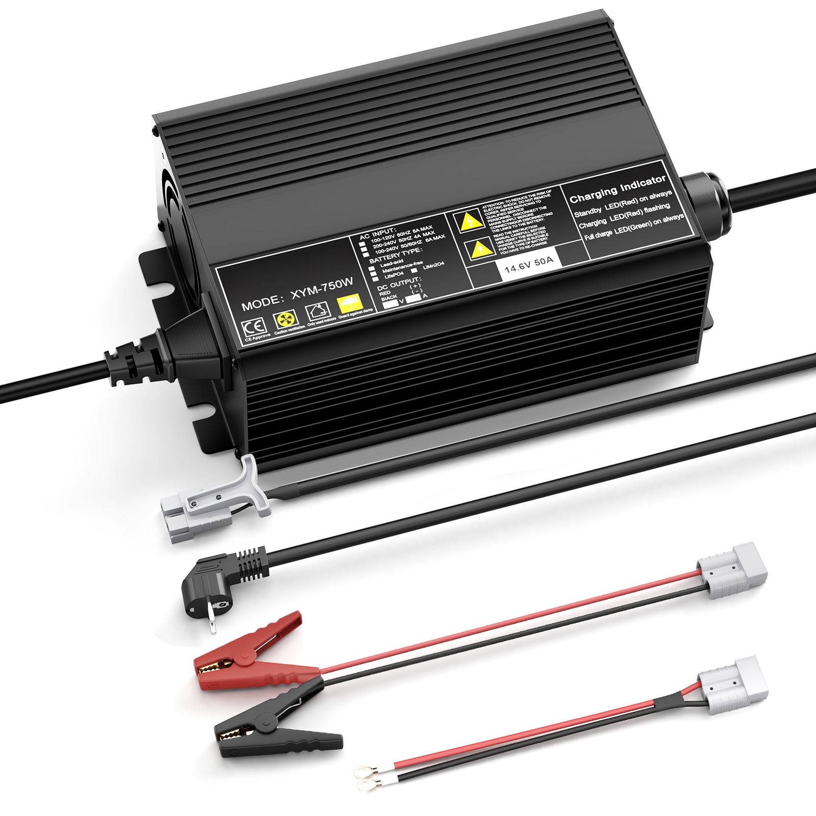 12V 50A hurtig litium LiFePO4-batterilader, ladespenning 14,6V, 0V BMS-aktivering, automatisk avkobling, solcellebatterilader til bobil og båt
