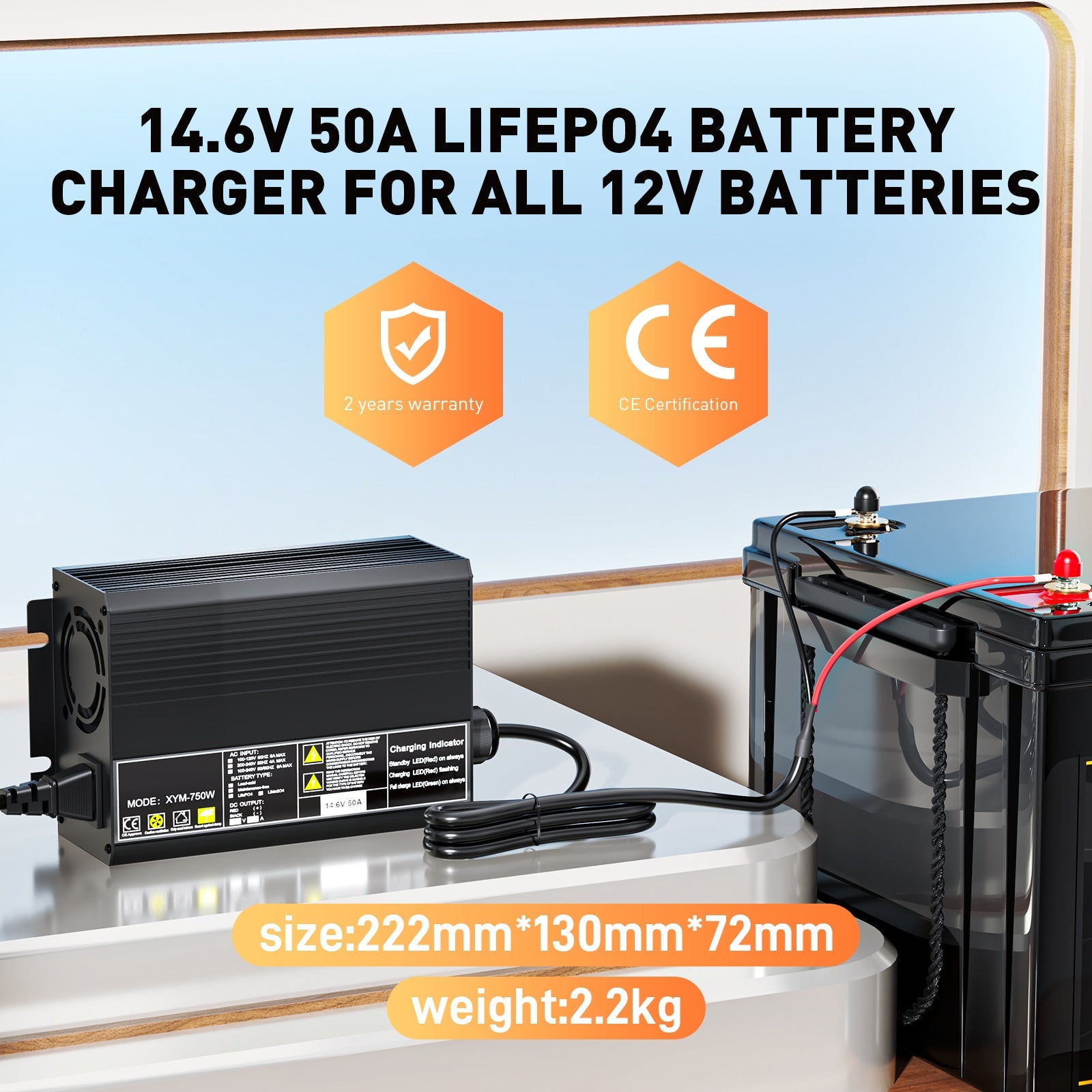 12V 50A hurtig litium LiFePO4-batterilader, ladespenning 14,6V, 0V BMS-aktivering, automatisk avkobling, solcellebatterilader til bobil og båt