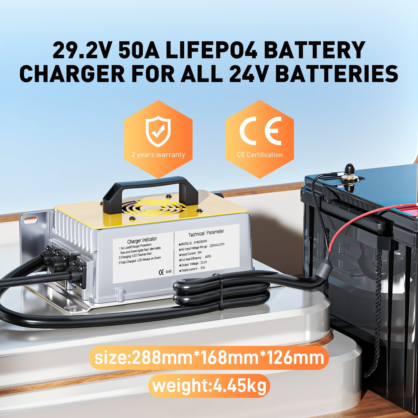 25,6V (24V) LiFePO4-batterilader, 29,2V 50A vanntett litiumlader med 0V BMS-aktivering, hurtiglader for 100Ah bobil-, båt- og solcellebatterier