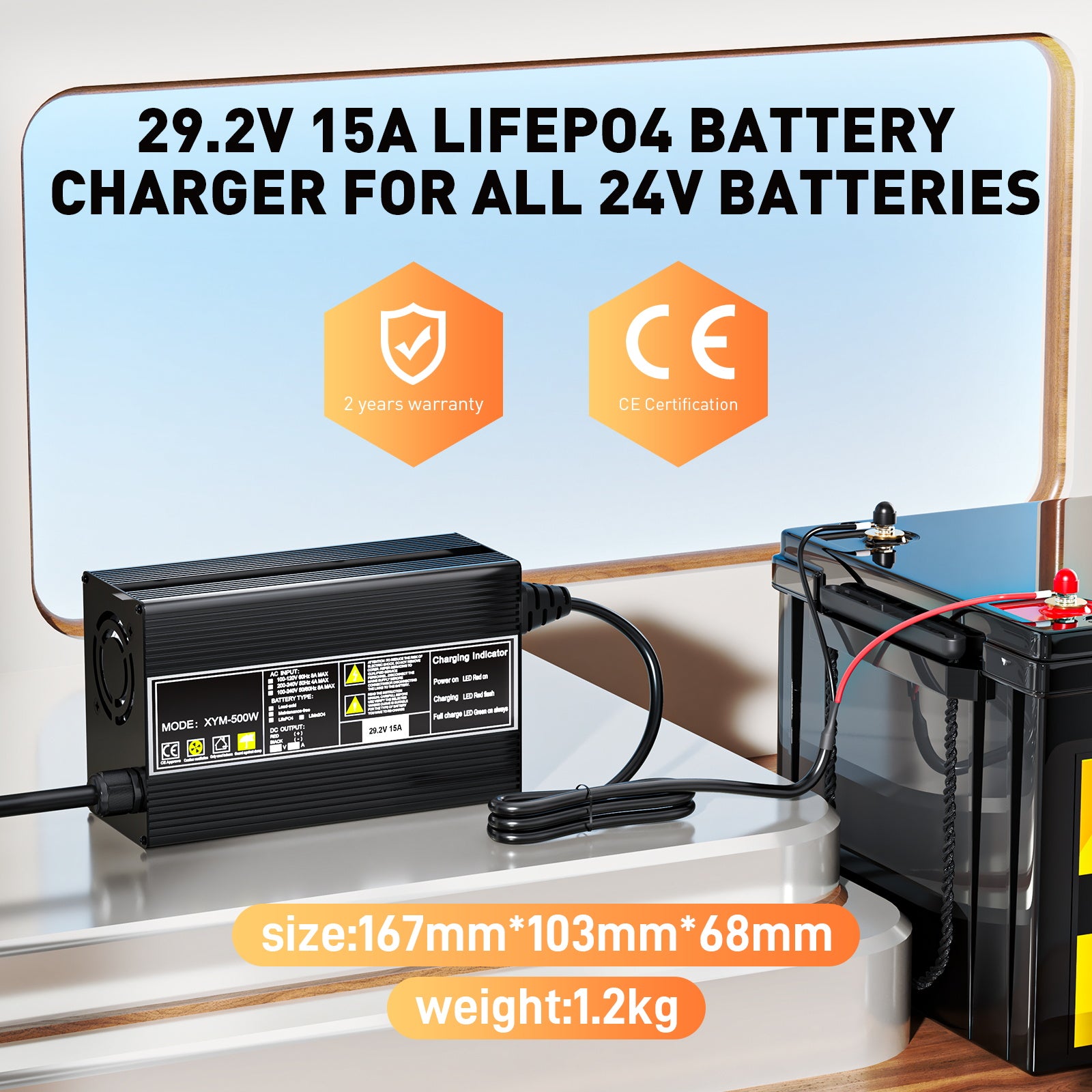 Suraziki 29,2V 15A LiFePO4 batterilader for 25,6V (24V) 8S Batterier – Vanntette, 0V BMS-aktivering, automatisk avstengning, ideelle for golfbiler, bobiler og elektriske fiskemotorer