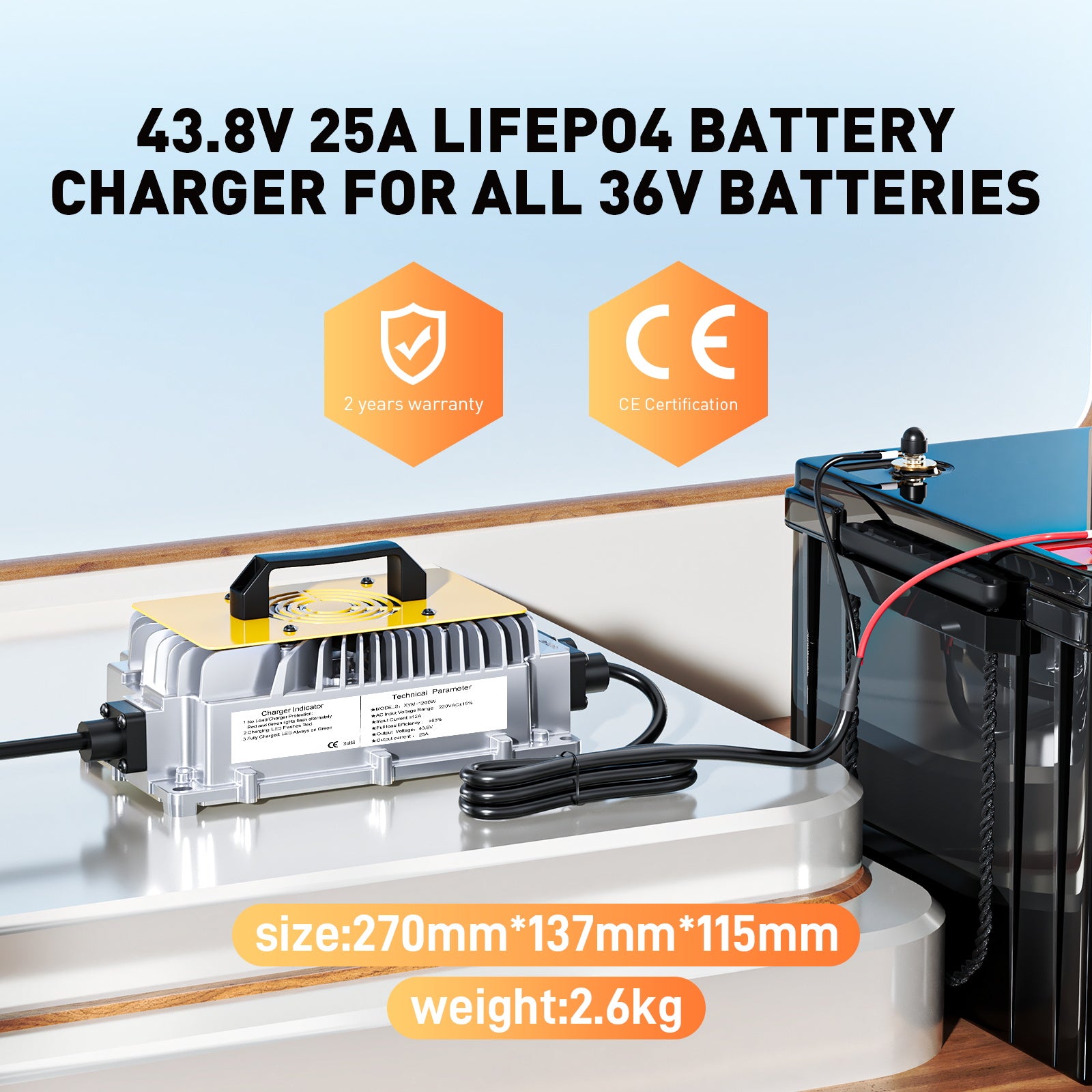 Suraziki 43,8V 25A lader for 36V 38,4V LiFePO4-batterier – 0V BMS-aktivering, automatisk avstengning, vanntett aluminiumshus, kjølevifte