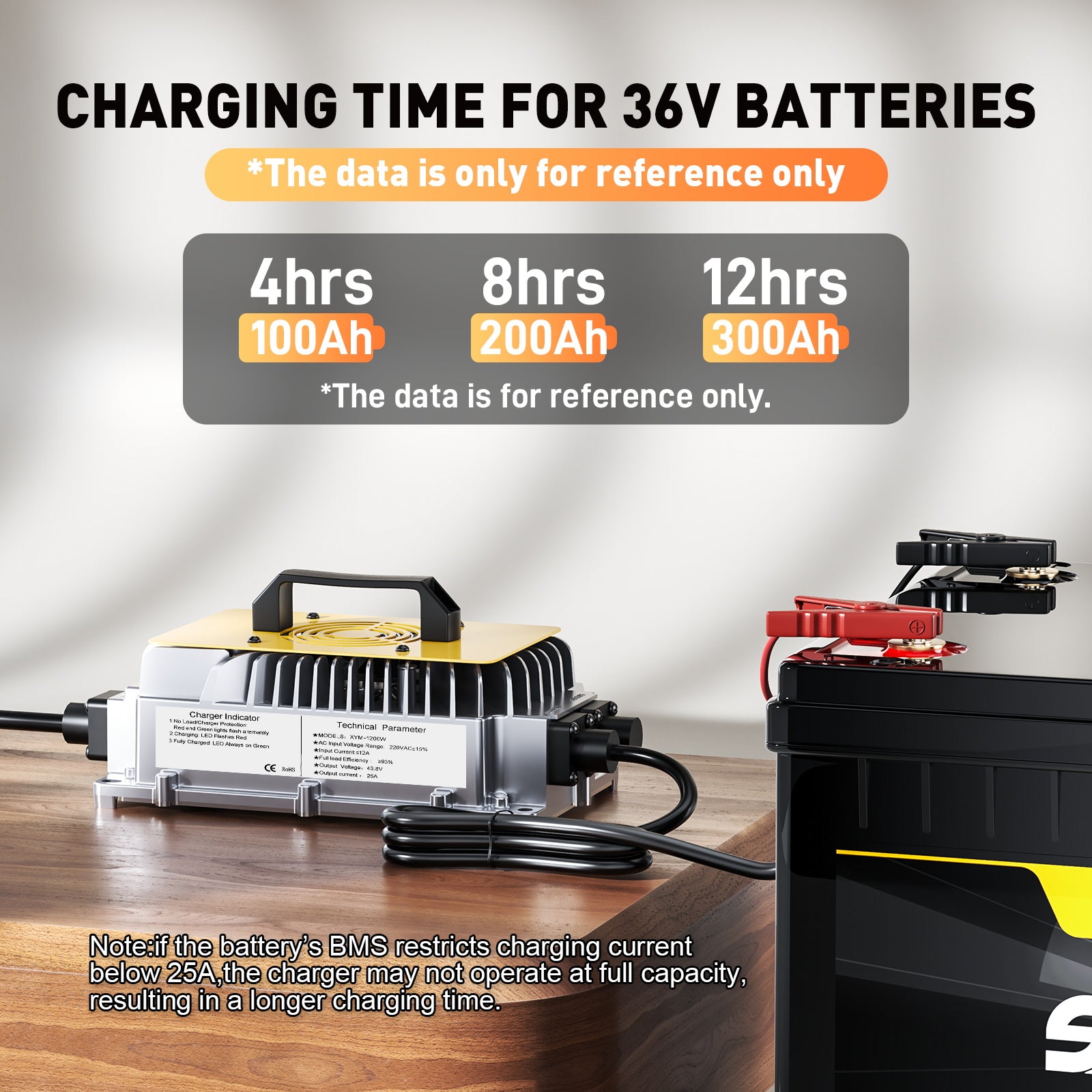 Suraziki 43,8V 25A lader for 36V 38,4V LiFePO4-batterier – 0V BMS-aktivering, automatisk avstengning, vanntett aluminiumshus, kjølevifte