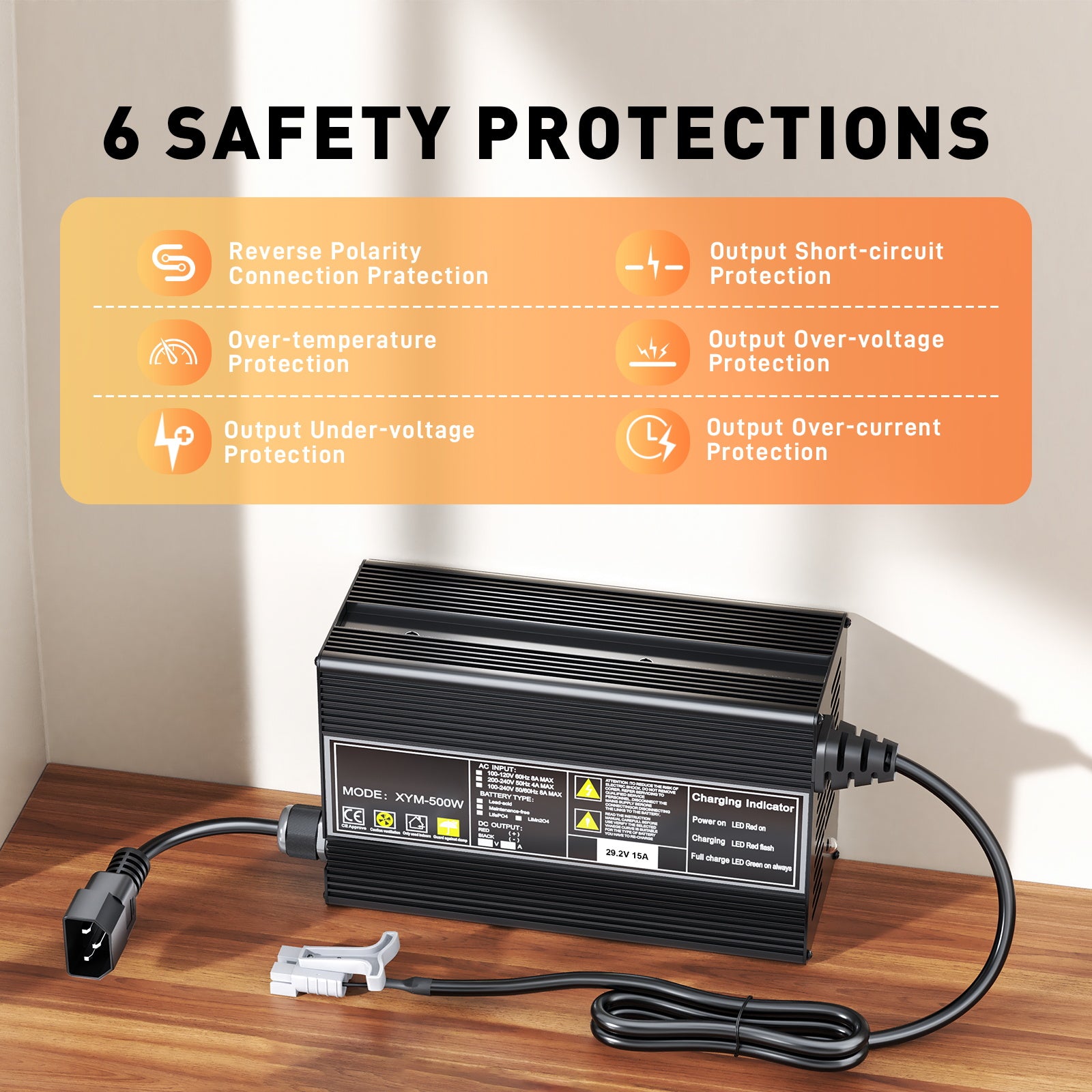 Suraziki 29,2V 15A LiFePO4 batterilader for 25,6V (24V) 8S Batterier – Vanntette, 0V BMS-aktivering, automatisk avstengning, ideelle for golfbiler, bobiler og elektriske fiskemotorer