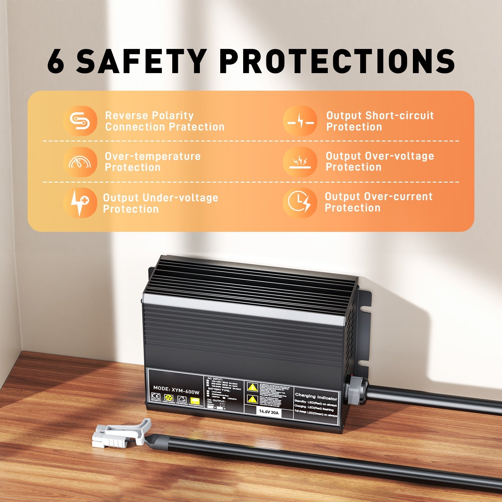 12V 30A LiFePO4 batterilader, ladespenning 14,6V, 0V BMS aktivering, automatisk avstengning, med Anderson 50A hurtigladekontakt